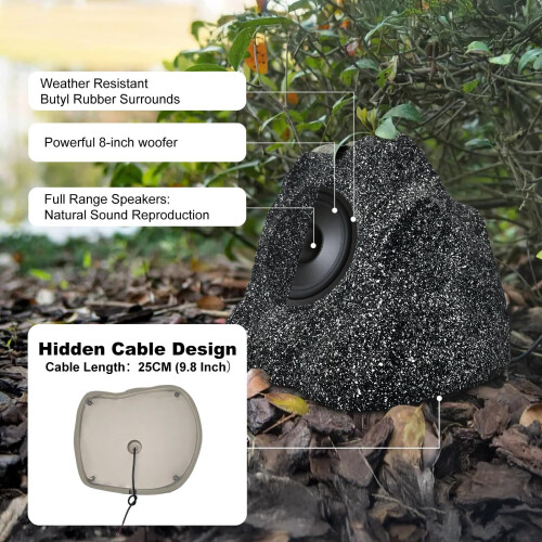 8 Outdoor Rock Speakers Hardwired 600 watt, IPX6 waterdicht ontwerp voor zwembad, tuin, dek en outdoor activiteiten (grijs, paar