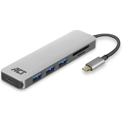 ACT AC7050 - USB-C Hub - 3x USB-A - Kaartlezer - PD Pass-Through - Grijs