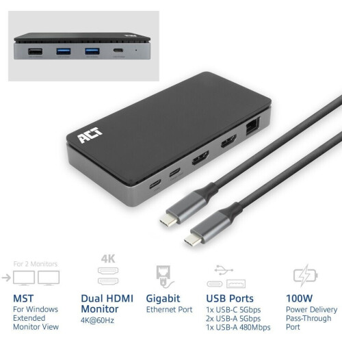 ACT AC7093 - USB-C Dockingstation - 4K MST voor 2 HDMI monitors Ethernet USB-C 3x USB-A PD pass-through