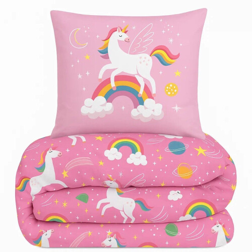 All-in One Lazy Kinderdekbed Unicorn - Dekbed met vaste overtrek - 140 x 200 cm - Roze