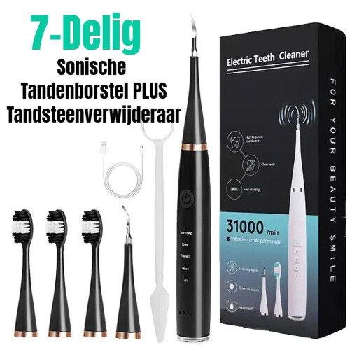Allernieuwste.nl® SET Oplaadbare Sonische Tandenborstel PLUS Tandsteenverwijderaar - Ultrasone Reiniging 5 standen 31000/min - Kleur Zwart Tweedehands