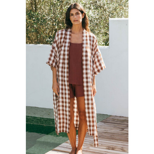 AmourLinen dames vegan Badjas Midnight Mocha Gingham Bruin Tweedehands