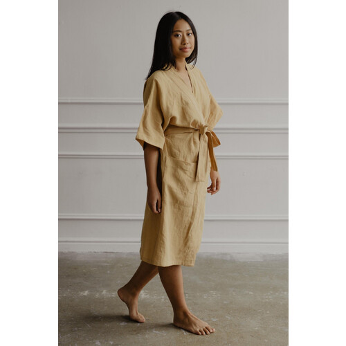 AmourLinen dames vegan Badjas Midnight Mosterdgeel Tweedehands