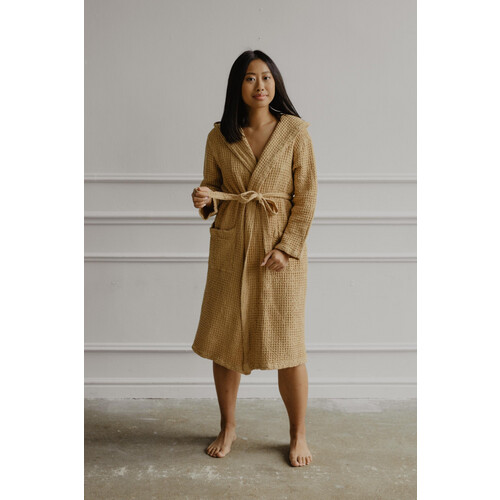 AmourLinen dames vegan Badjas Wafellinnen Snuggle Mosterd Tweedehands