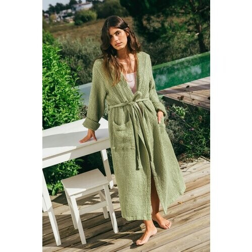 AmourLinen dames vegan Badjas Waffle Snuggle Mosgroen Tweedehands