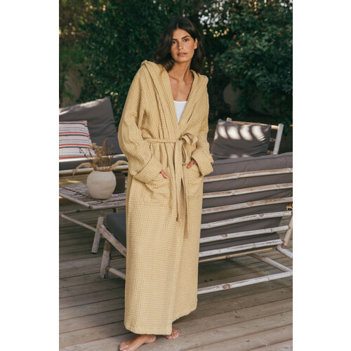 AmourLinen dames vegan Badjas Waffle Snuggle Mosterdgeel Tweedehands
