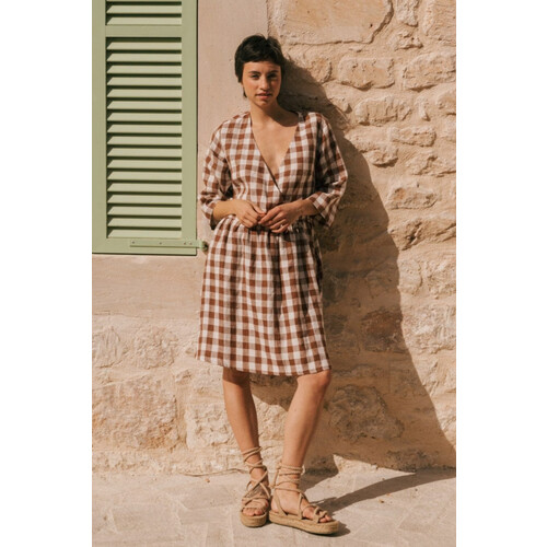 AmourLinen dames vegan Jurk Daphne Mokka Gingham Tweedehands