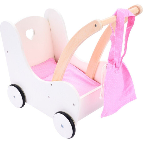 Angel Toys 606015 - Poppen loopwagen - Inclusief matrasje dekentje kussentje opbergtas - Roze wit Tweedehands