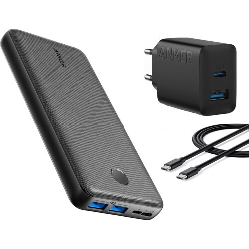 Anker PowerCore Essential 20.000 mAh - Powerbank - PowerIQ USB-C quick charge + Anker 20W sneloplader 2-port + USB-C kabel 1,5M