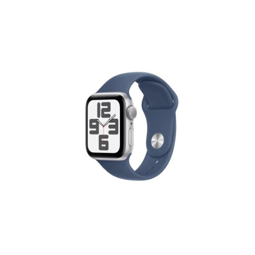 Apple Watch SE (2024) - 40mm - GPS - Zilverkleurig met denimblauw sportband (S/M) Tweedehands