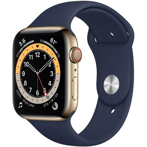 Refurbished Apple Watch (Series 6) 2020 GPS + Cellular 44 mm - Roestvrij staal Goud - Geweven sportbandje Blauw Tweedehands