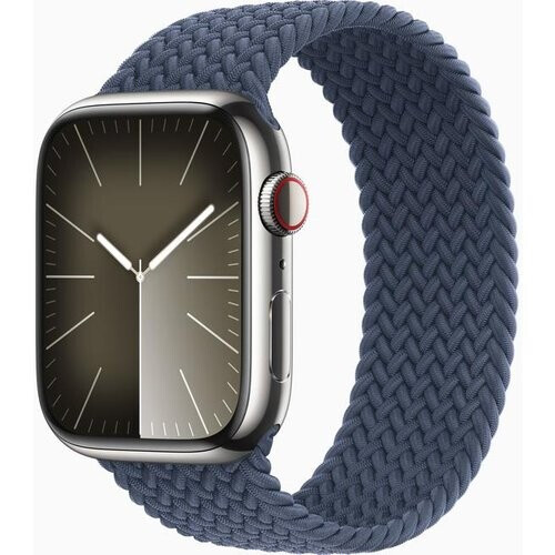 Refurbished Apple Watch (Series 8) 2022 GPS + Cellular 45 mm - Roestvrij staal Grijs - Gevlochten solobandje Blauw Tweedehands