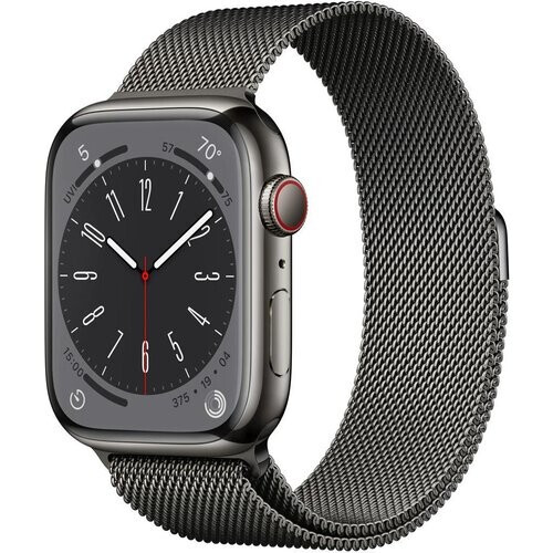 Refurbished Apple Watch (Series 8) 2022 GPS + Cellular 45 mm - Roestvrij staal Spacegrijs - Milanees bandje Grijs Tweedehands