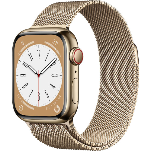 Apple Watch Series 8 - Smartwatch - GPS + Cellular - 41mm RVS Milanees bandje Goud Tweedehands
