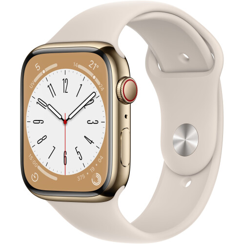Apple Watch Series 8 - Smartwatch - GPS + Cellular - 45mm RVS Sportbandje Goud (Beige) Tweedehands