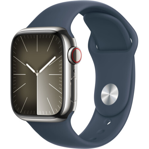 Apple Watch Series 9 - Smartwatch - GPS + Cellular - 41mm RVS Sportbandje S/M Zilver (Blauw) Tweedehands