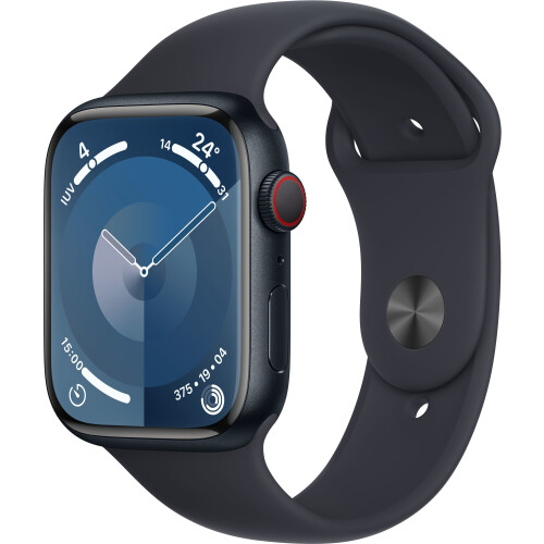 Apple Watch Series 9 - Smartwatch - GPS + Cellular 45mm - Aluminium - Sportbandje M/L Zwart Tweedehands