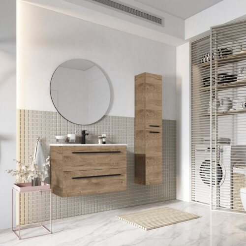Atlantic Badmeubelset Stella 80 cm Canela Eiken met Spiegel en Witte Wastafel