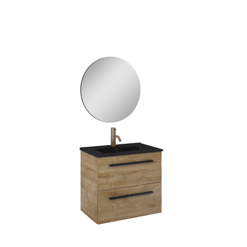 Atlantic Stella - Badkamermeubelset met Spiegel en Zwarte Wastafel - Canela Eiken 60 cm