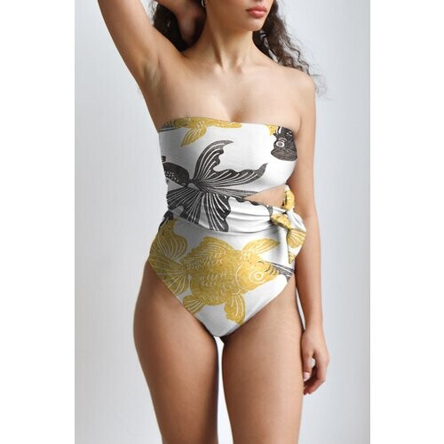 Averie dames vegan Badpak Aan De Zijkant Gestrikt Uit Één Stuk Alina Koi-Print Op Ivoor Tweedehands