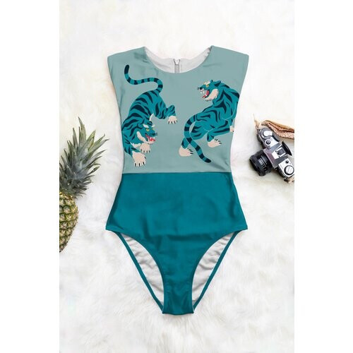 Averie dames vegan Badpak Marina Fierce Tigers Uit Één Stuk Met Rits Op Hemelsblauw Tweedehands