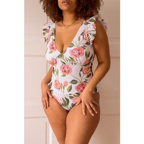 Averie dames vegan Badpak Plunge Eendelig Gwyneth Camellia Print Op Crème Tweedehands