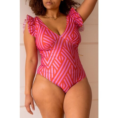 Averie dames vegan Badpak Plunge One-Piece Cerise Magenta Met Oranje Strepen Tweedehands