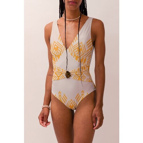 Averie dames vegan Badpak Ring Plunge Eendelig Amber Goud Symmetrische Print Op Wit Tweedehands