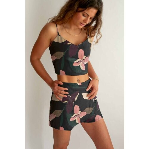 Averie dames vegan Crop Top En Shorts Set Athena Lily Posy Print Op Groen Tweedehands