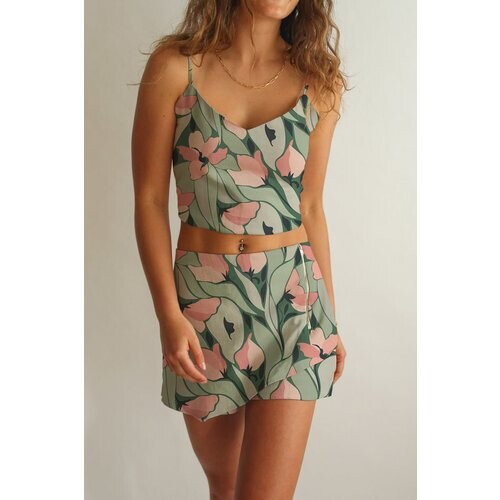 Averie dames vegan Croptop En Korte Broek Set Ilara Magnolias Op Vervaagd Groen