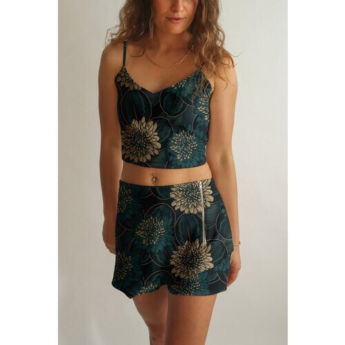 Averie dames vegan Set Crop Top En Shorts Nori Paardebloemen Print Op Zwart Tweedehands