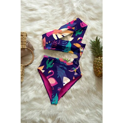 Averie dames vegan Zwempak Uit Één Stuk Rayne Tropical Wildlife On Deep Purple Tweedehands