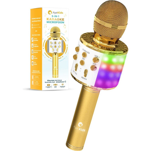 AyeKids Karaoke Microfoon - 5-in-1 - Draadloos Bluetooth Ingebouwde Speaker Disco Lichten - Goud Tweedehands