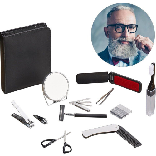 Baardverzorging / manicure set 11-delig - verzorgingset voor mannen - o.a. baardschaar / baardkam / scheermes in leren opbergetui
