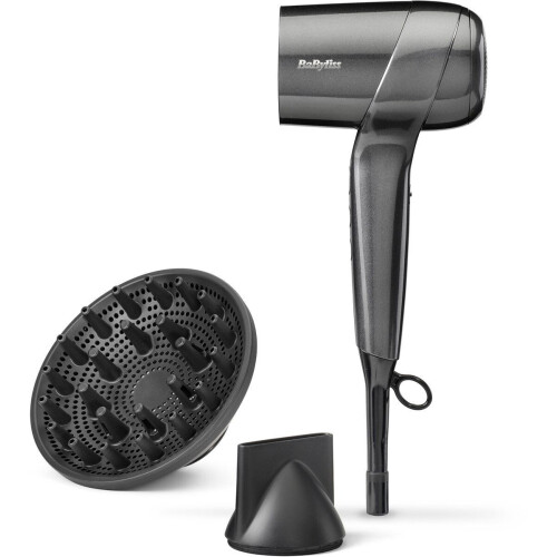 BaByliss Titanium Shine Föhn D6200DE - Compacte Haardroger met Diffuser - 1600W Digitale Motor - Ionische Functie voor Minder Pluizig Haar - Staal