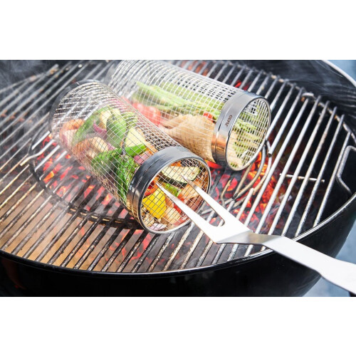 Barbecue Mand, Grill Mand, Rolbaar, RVS, Met Transport Haak, 30 x 9.2 cm - GEFU | BBQ