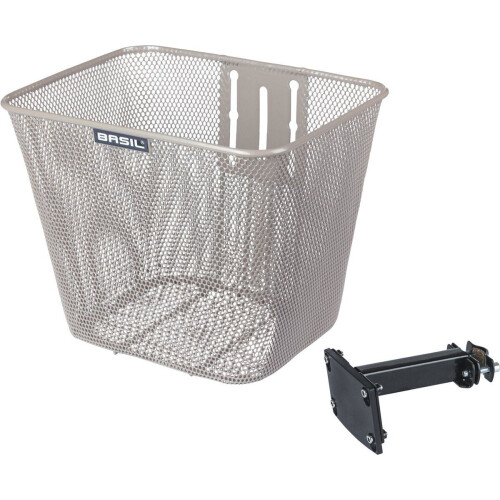 Basil Bilbao - Voormand fiets - Vaste montage - Incl. TÜV-gekeurde bevestiging - Fijnmazig staal - Nude metallic