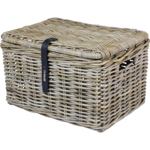 Basil Dax L - Fietsmand voorop - Met deksel en lederen sluiting - Grijs