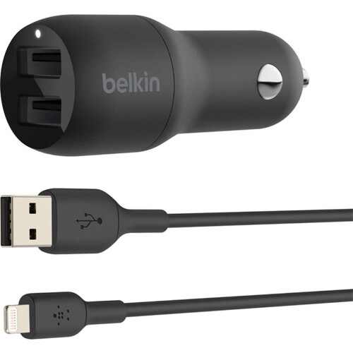 Belkin BoostCharge - Dual USB-A Autolader 24W - 2 Poorten + USB-A naar Lightning Kabel - Zwart