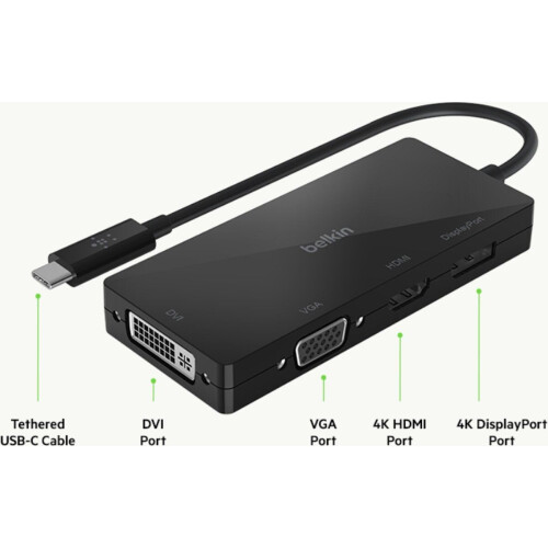 Belkin USB-C Videoadapter - 4-poorts met HDMI VGA DisplayPort DVI - Zwart