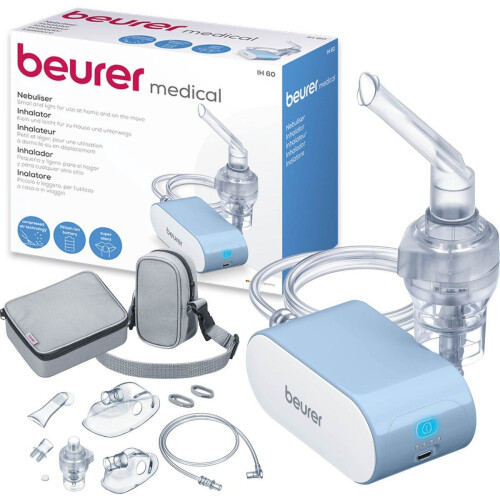 Beurer IH 60 Inhalator Kinderen v.a. 2 jaar/volwassenen - Vernevelaar - Medisch product - Perslucht - Incl. masker kind&masker volwassene - Incl. accessoire-set - Korte inhalatietijd - Klein/licht/stil - Accu - Handig voor op reis - 3 Jaar garantie