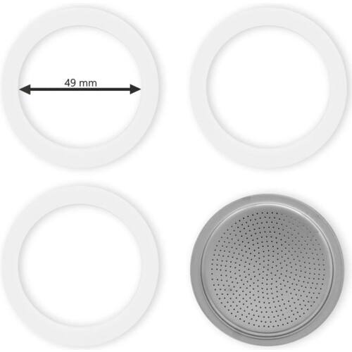 Bialetti - Set Filterplaatje aluminium (49mm) - Inclusief 3 rubber ringen (49mm) - Zilver