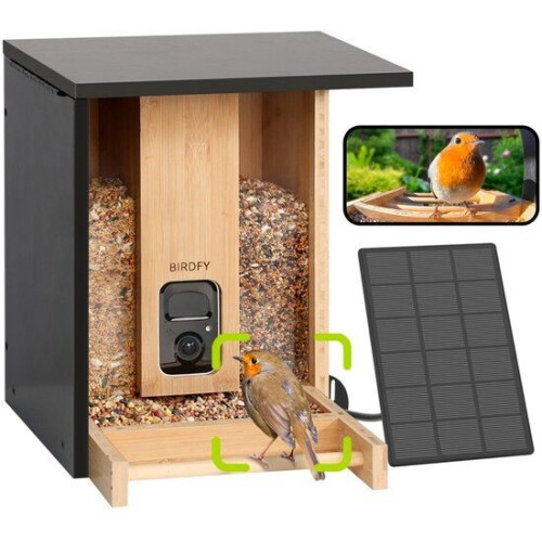 Birdfy Feeder Bamboo - Vogelhuisje met Camera - 1080p HD AI-Herkenning Kleur-Nachtzicht - Duurzaam Bamboe Design