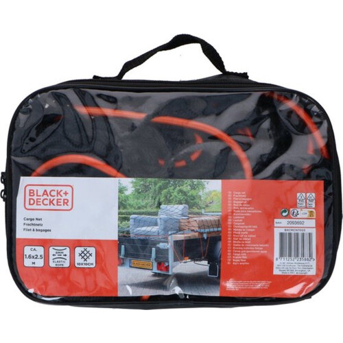 BLACK+DECKER Aanhangwagennet - 1.6 x 2.5 M - Rekbaar Elastiek - In Opbergtas - Zwart
