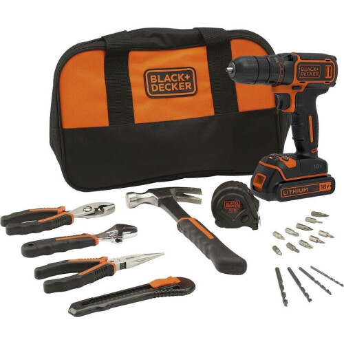 Black+Decker BDCDC18HTSA - Accuboormachine 18V - Inclusief 20-delige gereedschapset en tas Tweedehands