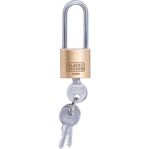 BLACK+DECKER Hangslot - 25mm - Lange Beugel - Incl. 3 Sleutels - Massief Messing Slot