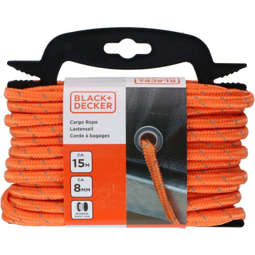 BLACK+DECKER Spanband 15 Meter - Incl. Spanband Oproller - Sjorband - Transport Touw - Elastisch Koord - met Reflecterende Delen - Transportbeheer - Nylon/ Kunststof - Oranje/Zwart