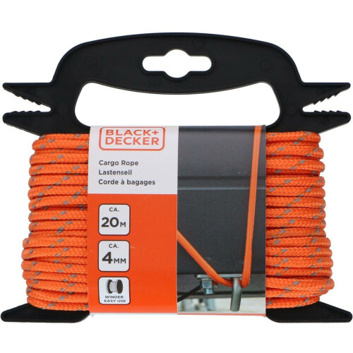 BLACK+DECKER Spanband met Oproller 20 Meter - Incl. Spanband Oproller - Sjorband - Transport Touw - Elastisch Koord - met Reflecterende Delen - Transportbeheer - Nylon/ Kunststof - Oranje/Zwart Tweedehands