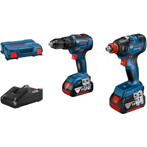 BOSCH BLAUW COMBOPACK GSB 18V-55 - Accu schroef-klopboormachine + GDX 18V-200 slagschroevendraaier - 2 x 4.0Ah accu's + lader (2 stuks) Tweedehands