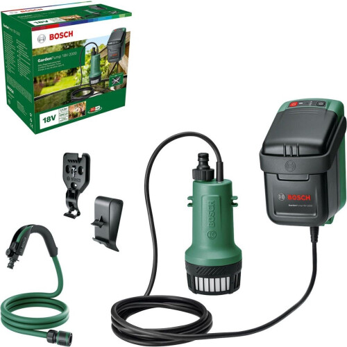 Bosch Gardenpump 18V-2000 - Accuregenwaterpomp - Inclusief 2.5 m aansluitslang en voedingskabel met universele connectoren, haakmontage beugel, muurbevestigingsbeugel en 3 schroeven
